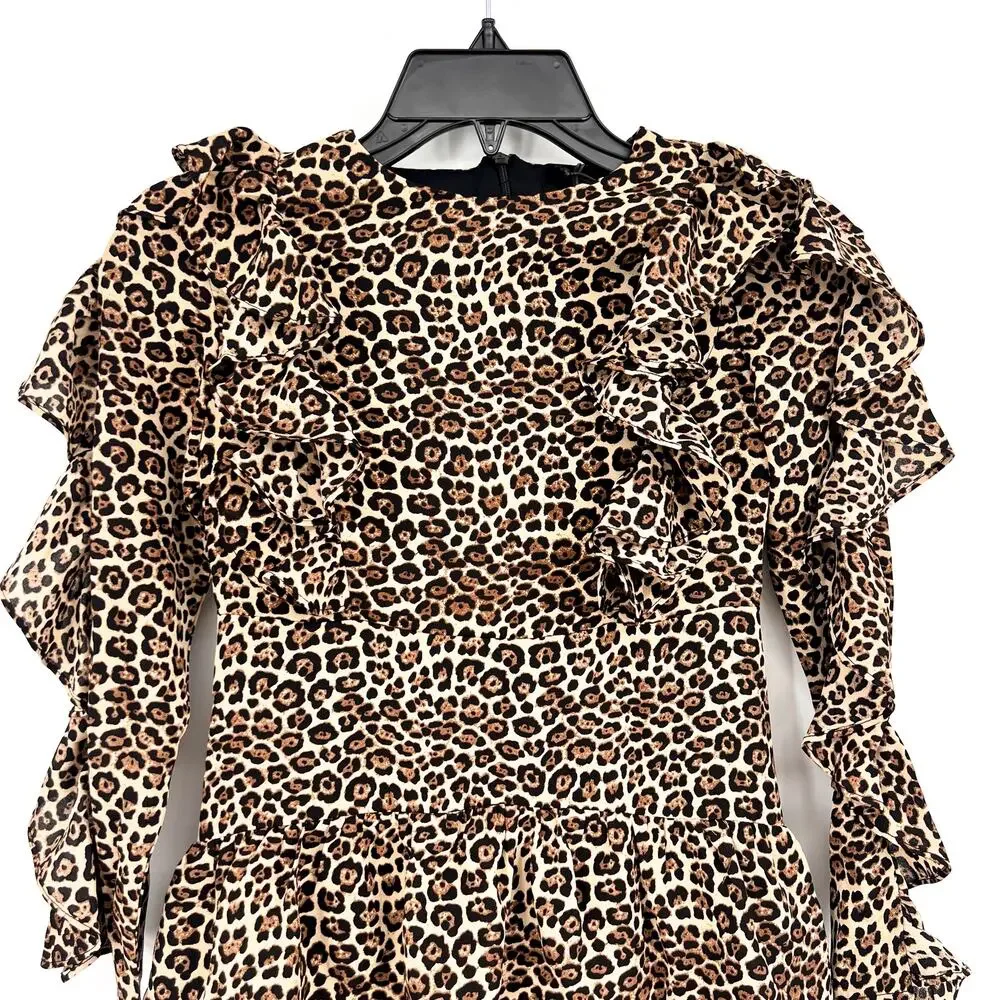 BARDOT Girl's Whit Ra Ra Dress Size 7-8 Small Leopard Ruffle Long Sleeve NWT